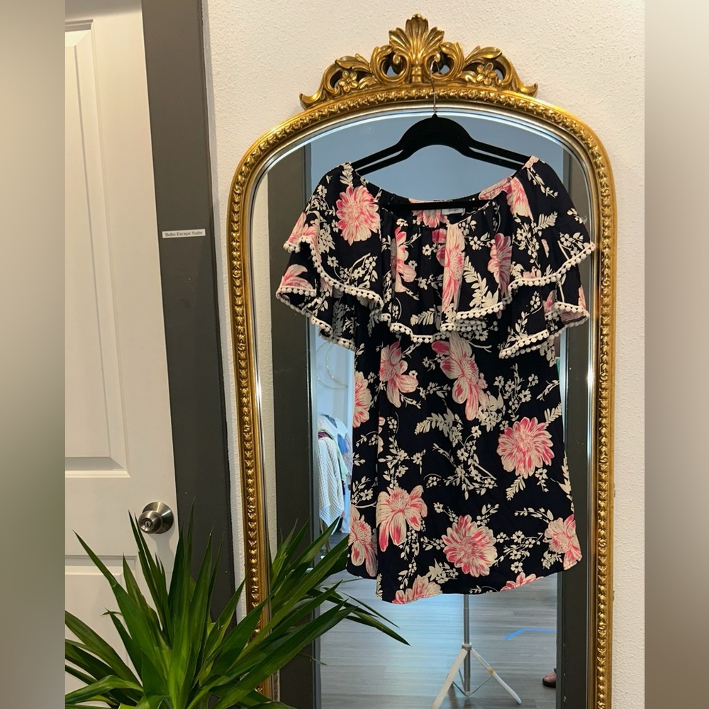 Floral Off-Shoulder Dress with Pink and White Accents